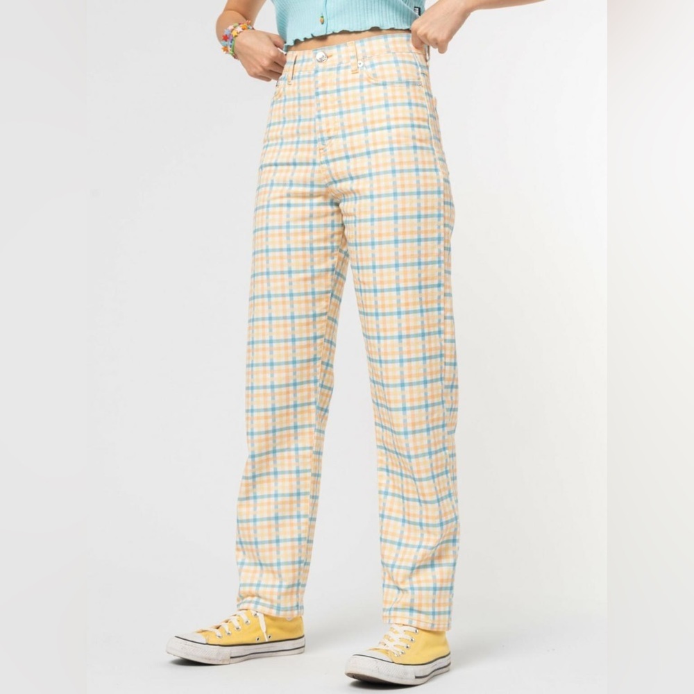 Minga London Yellow Joy Check Plaid Denim Mom Jeans Size 6